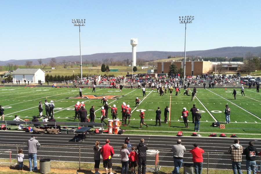 Middletown High School students and members of the Middletown community looked on as the University of Maryland football team held a scrimmage at Knight Field on April 6. This event was the second of three spring scrimmages hosted by Maryland high schools in an effort to promote the university. 