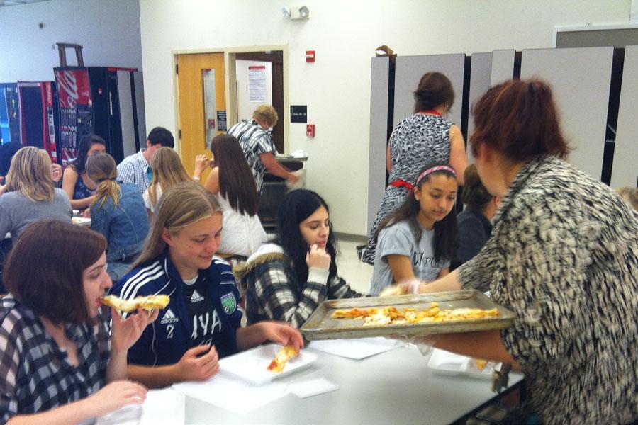 Both students and teachers were served small slices of pizza on Thursday during second block. Only a few classes were chosen to participate in a food survey. -Photo by Jess Molander