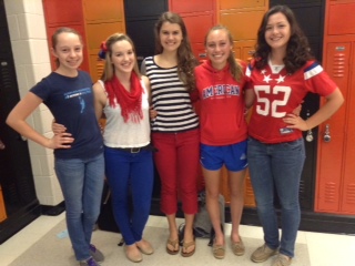 Juniors, Mary-Kate Frey, Maddie Martin, Liz Tuten, Sami Breeze, and Katie Cowan show their American spirit on Monday