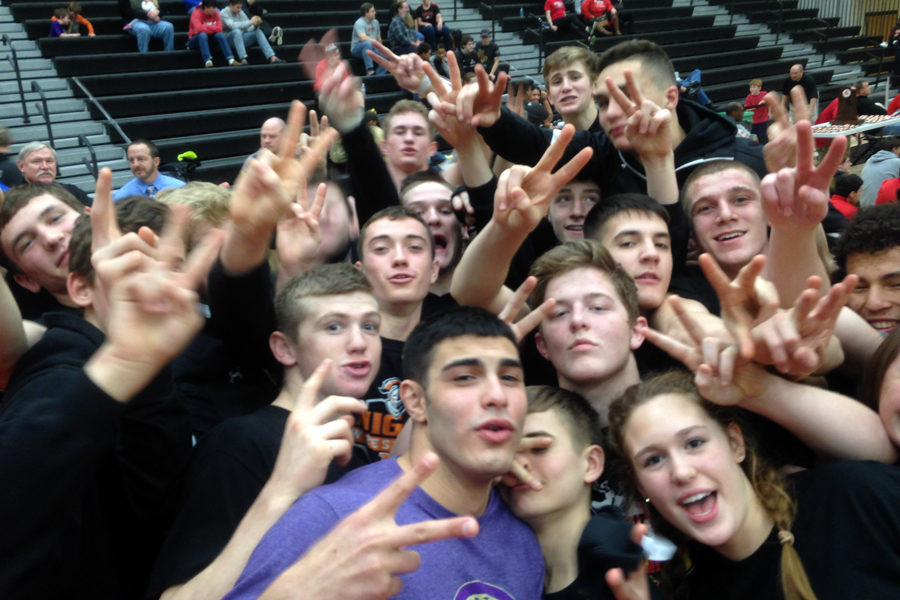 MHS wrestlers hold up their sign for victory after capturing their second straight state title.