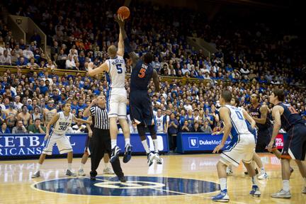 Tip-off between Duke and University of Virginina at Duke University, NC, Jan. 12, 2012.  DoD photo by D. Myles Cullen