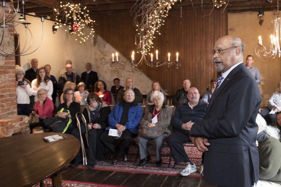 David Key, president of the African American resources, Cultural Heritage Society speaks to the large crowd gathered at the Stonebraker and Harbaugh-Shafer building, about African American history in Frederick County