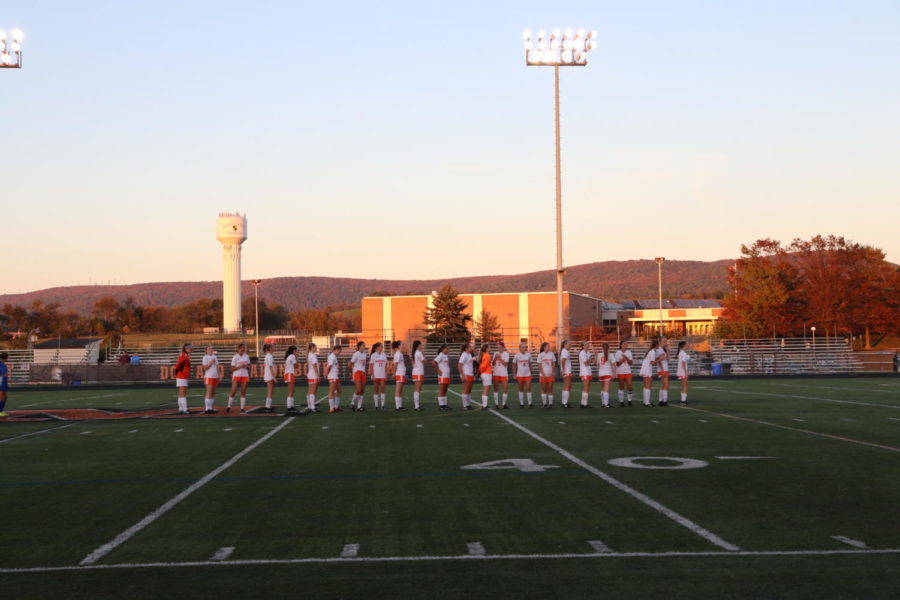 The girls varsity soccer team faced Williamsport at home on 10/27. The girls are lined up waiting for the game to begin.