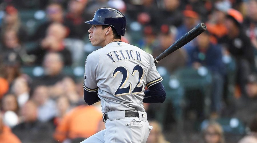 NL MVP Christian Yelich hitting a ball into play.